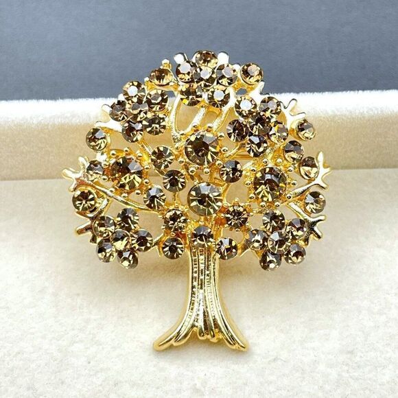 Yellow Gold with Champagne Topaz Crystal Blooming Tree Pin Back Brooch - Picture 7 of 9